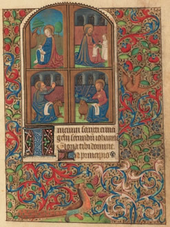 An illustration of the Four Evangelists writing on Scrolls
