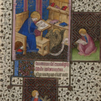 John writing in a codex with a scroll on the floor
