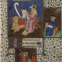 Mark writes on a scroll but holds a codex