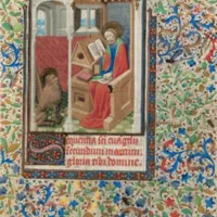 Mark writing in a codex with a scroll in his lap